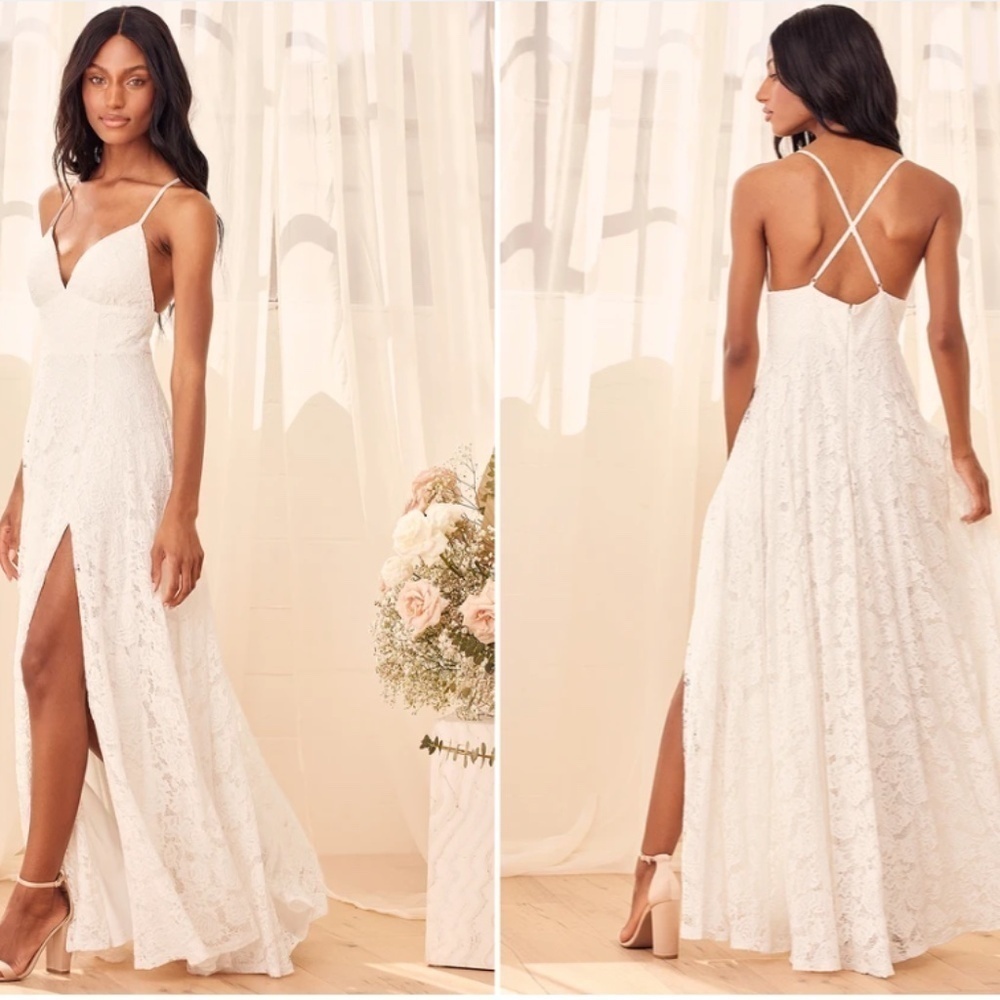 LULU's Elegant Wedding Bridal Shower Engagement Lacy Flowy Chiffon Maxi Gown - Picture 3 of 4